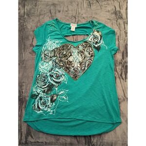 Appropriate Behavior Turquoise Heart Rose Cutout Back Tunic Top XL‎ Polyester